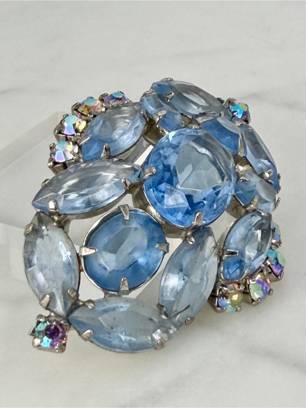 Vintage Blue Rhinestone Marquise Oval Brooch Pin Open Back Prong Set AB Aurora